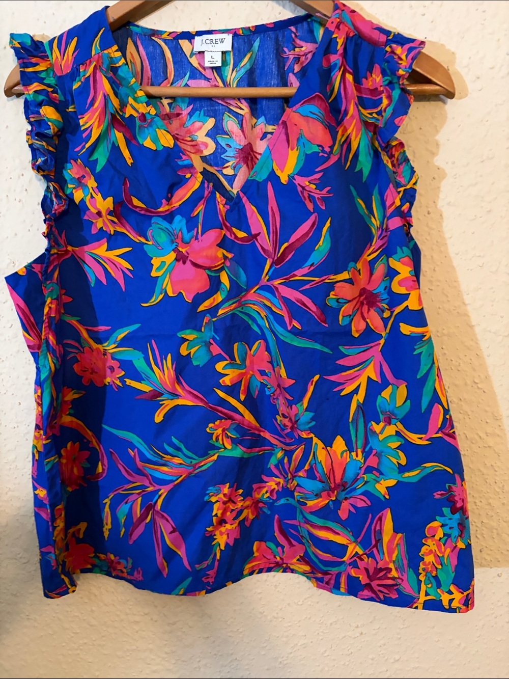 J. Crew Electric Blue Tropical Floral Ruffle-Sleeve Shell
